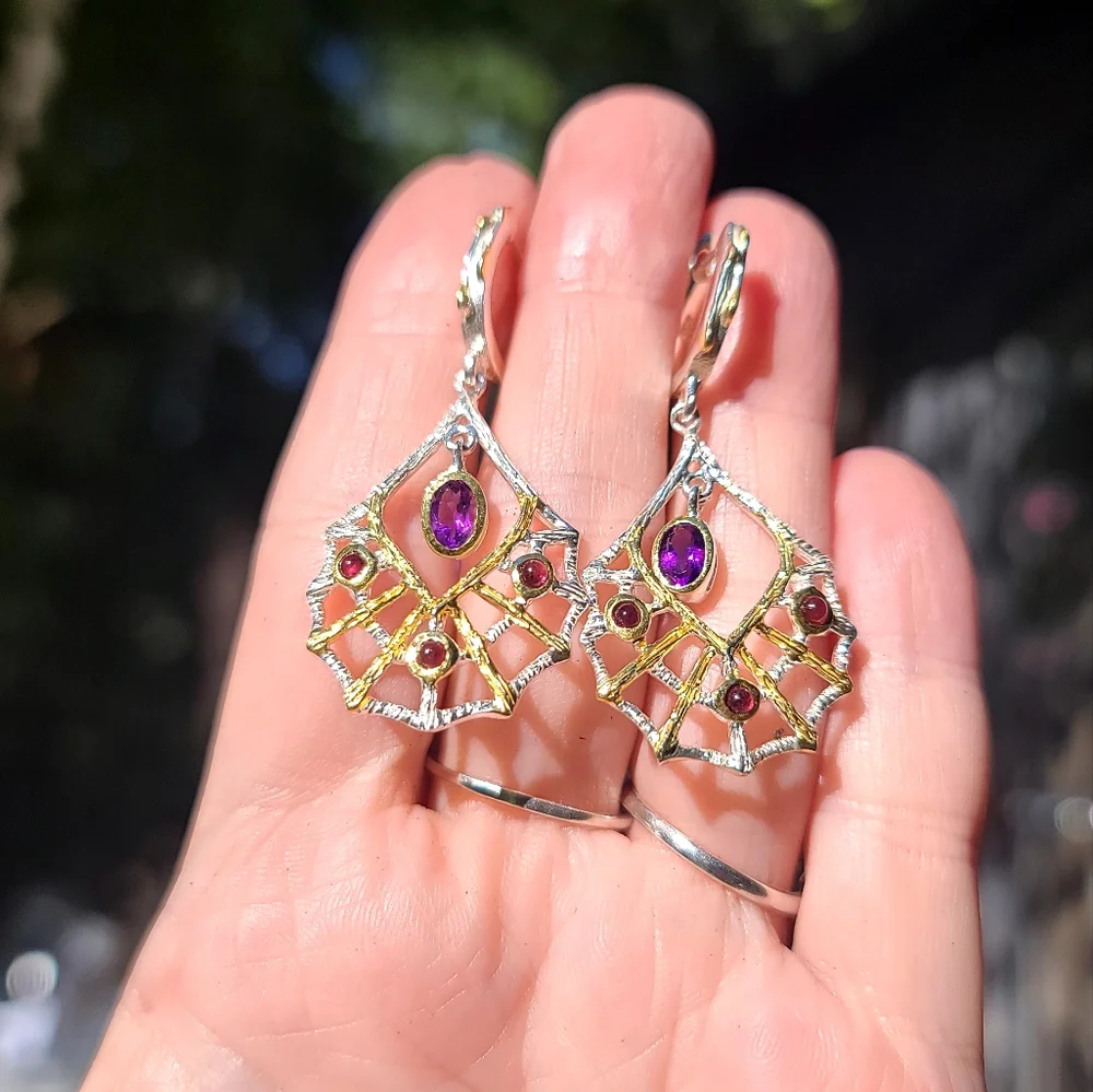 Amethyst & Rhodolite sterling & gold web 🕸 chandelier Earrings - Picture 5 of 5